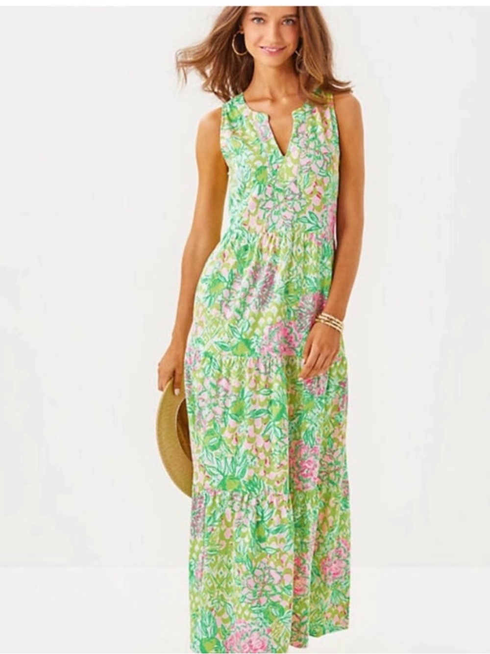 Lilly Pulitzer Knit Sleeveless Green Floral Maxi Dress with Pink Accents